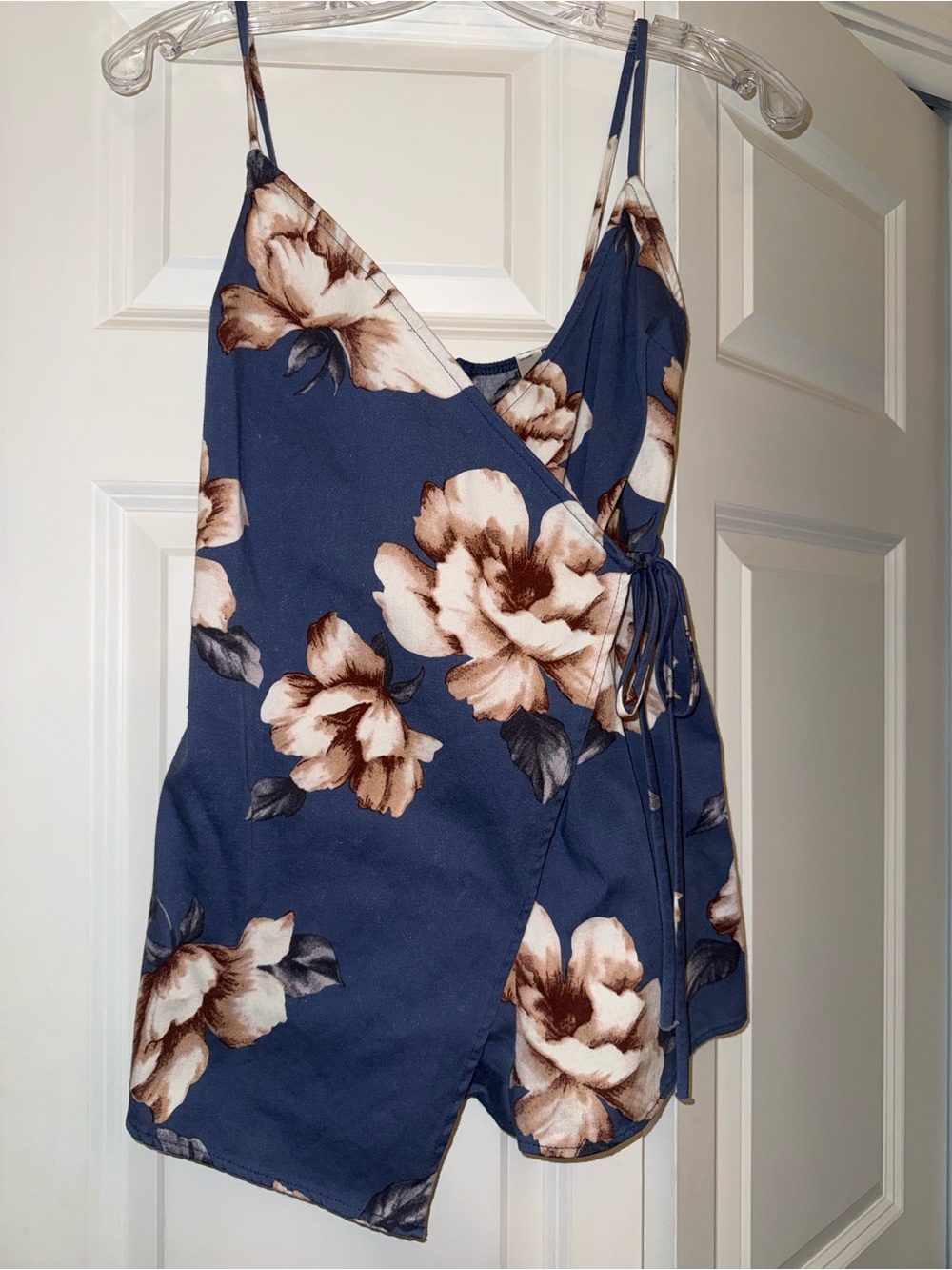 Blue Blush Navy Floral Wrap Romper with Cream & Brown Blooms